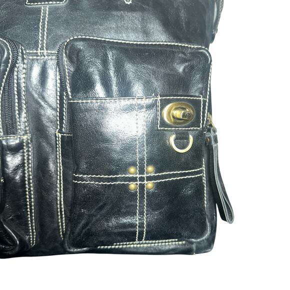 Joanel Black Leather Tote Bag with Front Pockets & Contrast Stitching - Picture 3 of 15